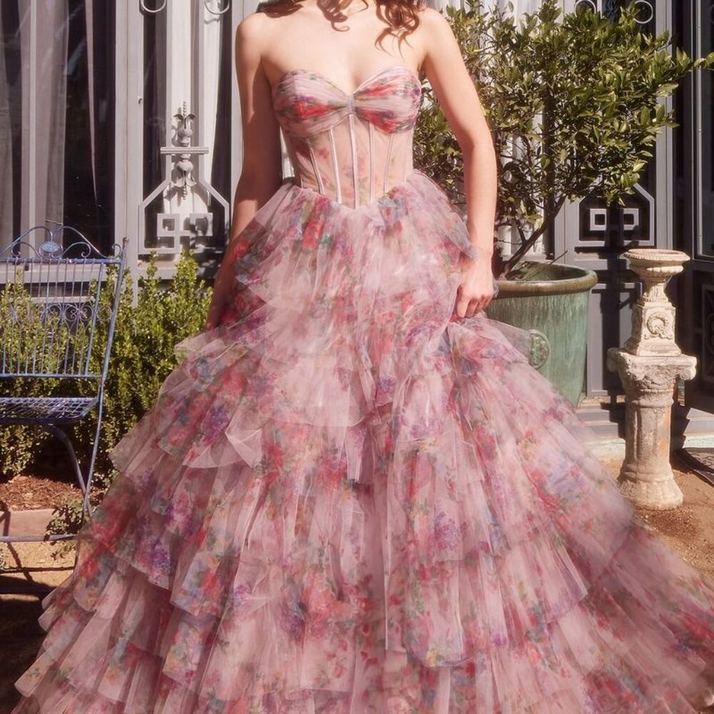 Multi print ball gown. Quinceanera prom formal party wedding ruffled corset gown